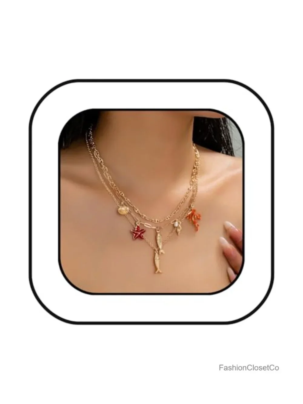 Layered Ocean Charm Necklace Multi Row Fish Starfish Shell Coral Pendant